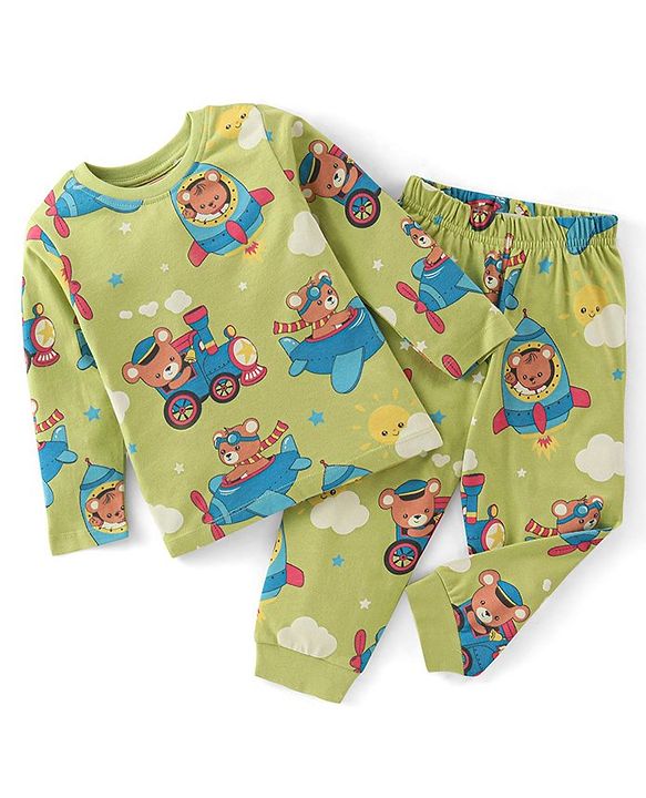 Babyhug Cotton Knit Full Sleeves Night Suit with Dino Print - Lime Green