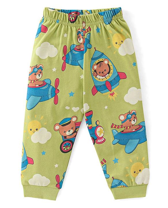 Babyhug Cotton Knit Full Sleeves Night Suit with Dino Print - Lime Green
