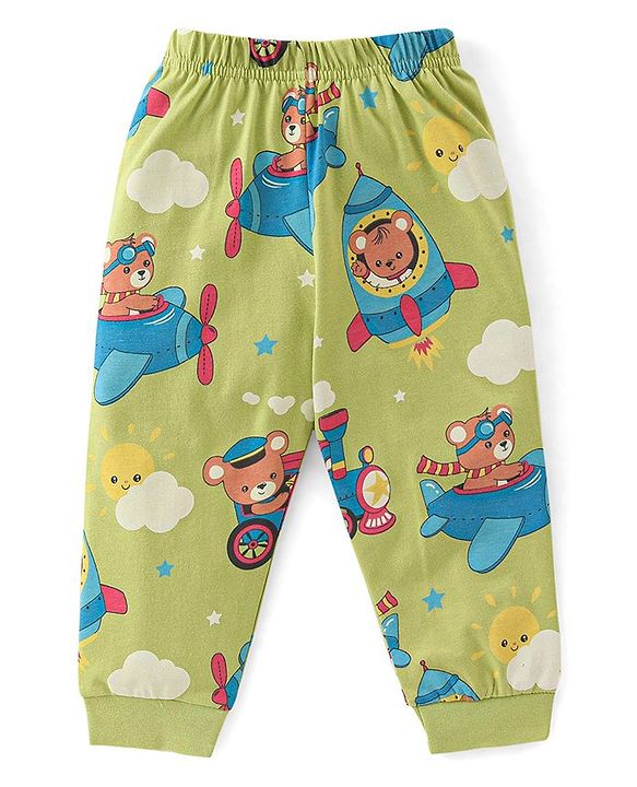 Babyhug Cotton Knit Full Sleeves Night Suit with Dino Print - Lime Green
