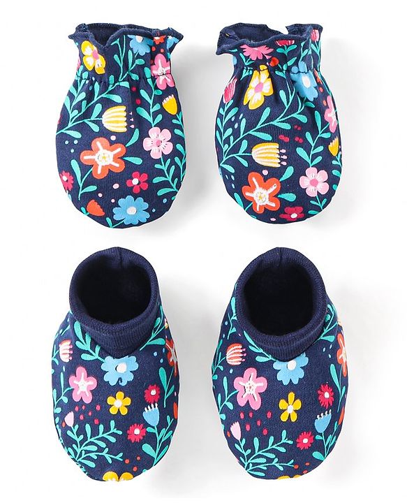 Babyhug 100% Cotton Knit Floral Print Mittens and Booties - Navy Blue