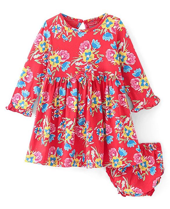 Babyhug Cotton Knit Full Sleeves Frock with Bloomer & Floral Print - Red