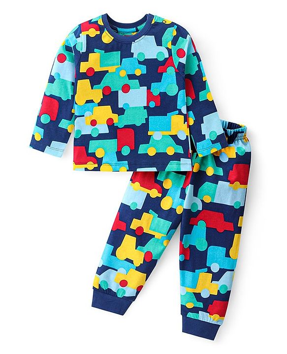 Babyhug Cotton Knit Full Sleeves Night Suit With Vehicles Print - Navy