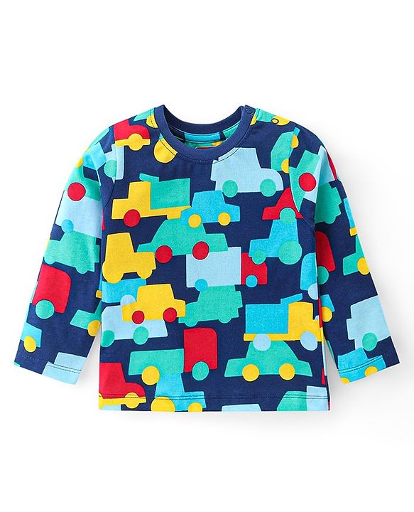Babyhug Cotton Knit Full Sleeves Night Suit With Vehicles Print - Navy