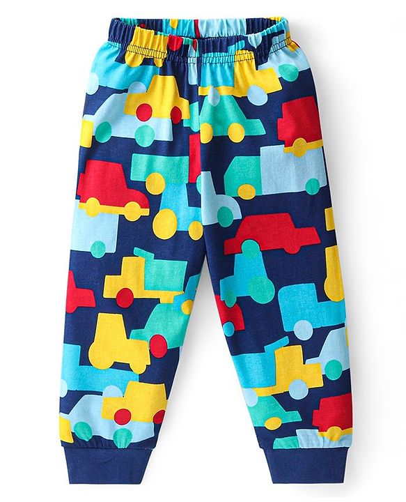 Babyhug Cotton Knit Full Sleeves Night Suit With Vehicles Print - Navy