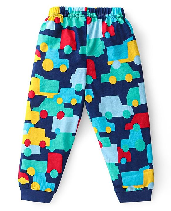 Babyhug Cotton Knit Full Sleeves Night Suit With Vehicles Print - Navy