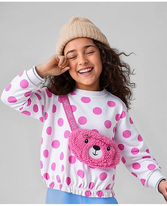 Babyhug Cotton Knit Full Raglan Sleeves Sweatshirt With Bobby Print & Bear Face Sling Bag - White & Pink