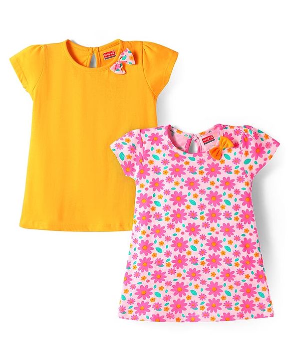 Babyhug Single Jersey Knit Half Sleeves Frocks With Floral Print & Bow Applique Pack of 2 - Yellow & Pink