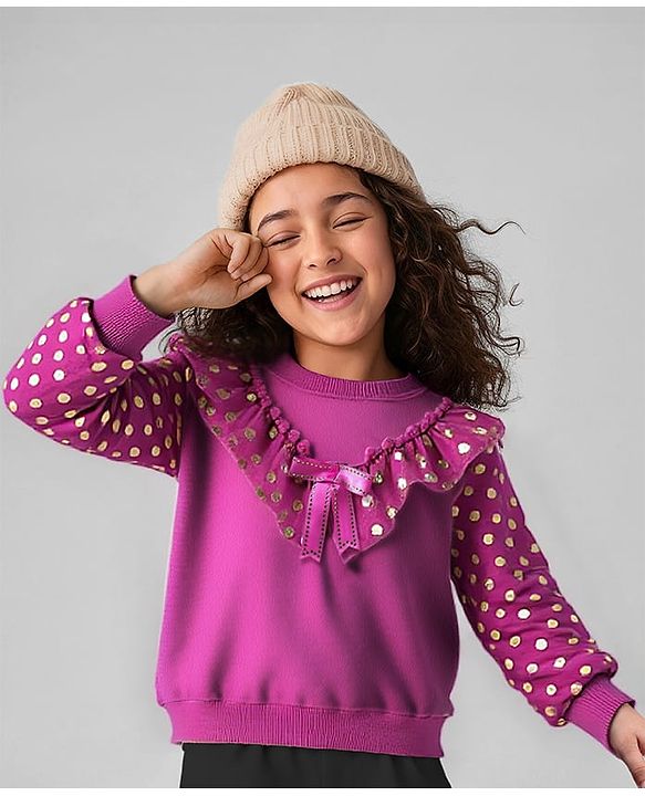 Babyhug Cotton Knit Full Sleeves Sweatshirt with 3D Bow Applique & Frill Detailing - Dark Pink