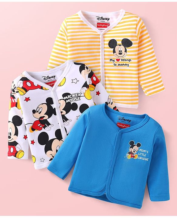 Babyhug Disney Interlock Knit Full Sleeves Striped Jhablas with Mickey Mouse Print Pack of 3 - Blue White & Orange