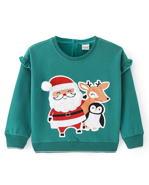Babyhug Cotton Knit Full Sleeves Pullover Sweatshirt with Christmas Theme Embroidery - Green
