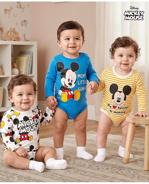 Babyhug Disney Interlock Knit Full Sleeves Striped & Mickey Mouse Printed Onesies Pack of 3 - Blue & White
