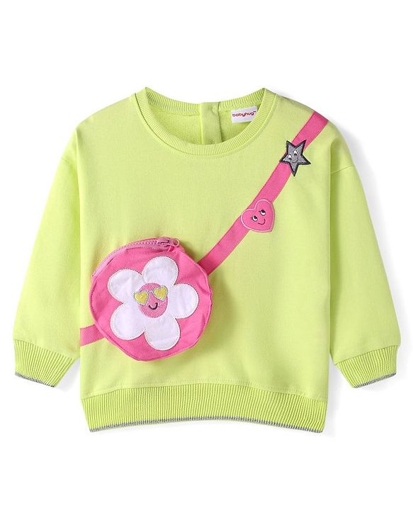 Babyhug Cotton Knit Full Sleeves Solid Colour Sweatshirt with Attached Floral Printed Sling - Light Green