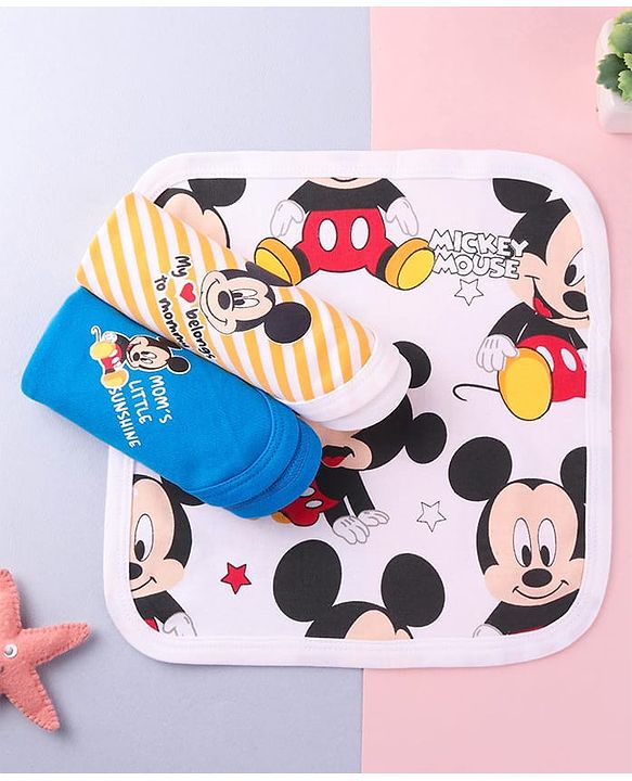 Babyhug Disney Cotton Interlock Kint Wash Cloth with Mickey Mouse Graphics L 28 x H 28 cm Pack Of 3 - White & Blue