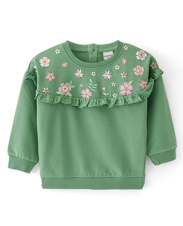 Babyhug Cotton Knit Full Sleeves Pullover Sweatshirt with Floral Embroidery & Frill Detailing - Green