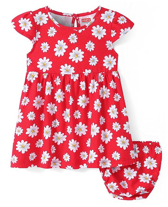 Babyhug Cotton Knit Half Cap Sleeves Floral Printed Anti Bacterial Frock with Bloomer - Red