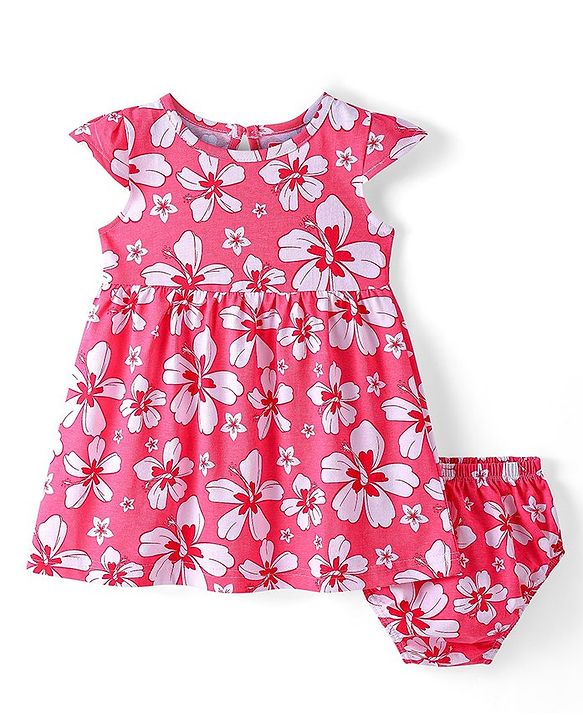 Babyhug Cotton Knit Half Cap Sleeves Floral Printed Anti Bacterial Frock with Bloomer - Dark Pink