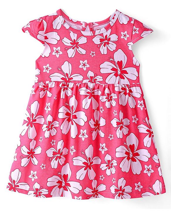 Babyhug Cotton Knit Half Cap Sleeves Floral Printed Anti Bacterial Frock with Bloomer - Dark Pink