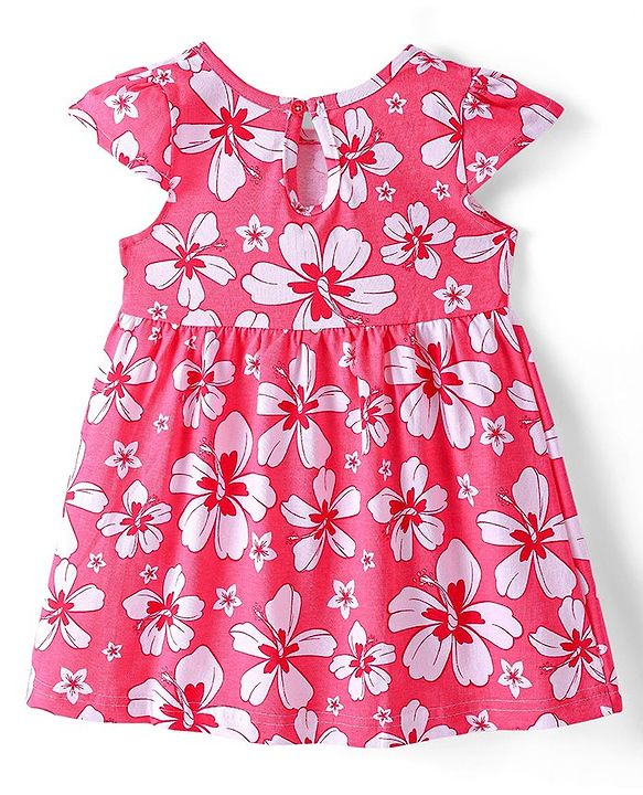 Babyhug Cotton Knit Half Cap Sleeves Floral Printed Anti Bacterial Frock with Bloomer - Dark Pink