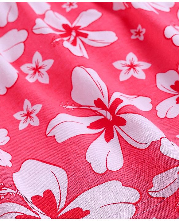 Babyhug Cotton Knit Half Cap Sleeves Floral Printed Anti Bacterial Frock with Bloomer - Dark Pink