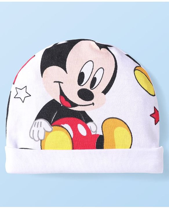 Babyhug Disney Interlock Knit Caps Mittens & Booties With Mickey Mouse Graphic - White