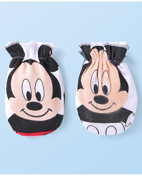 Babyhug Disney Interlock Knit Caps Mittens & Booties With Mickey Mouse Graphic - White