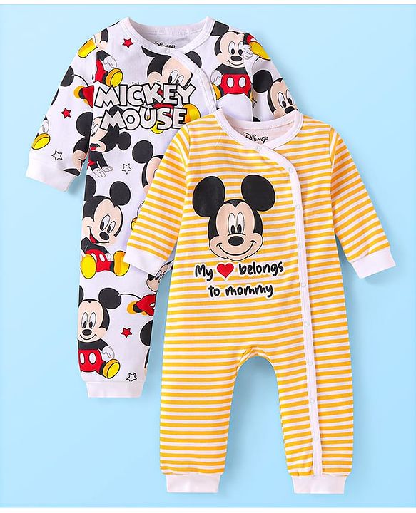 Babyhug Disney Interlock Knit Full Sleeves Front Open Striped & Mickey Mouse Printed Rompers Pack of 2 - White & Yellow