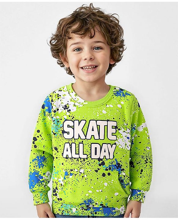 Babyhug Cotton Knit Full Sleeves Sweatshirt with Skate All Day Print & Kangaroo Pockets - Lime Green