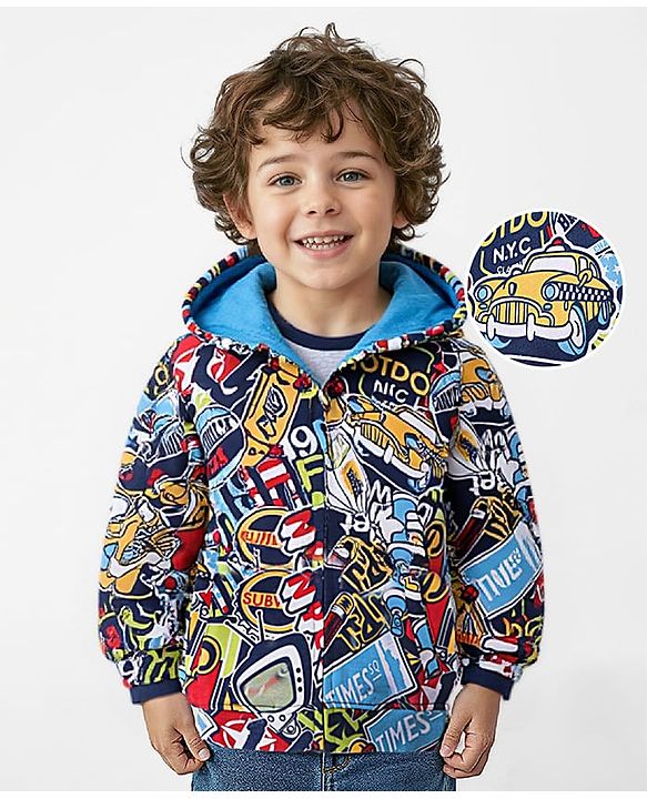 Babyhug Cotton Knit Full Sleeves Hooded Sweatjacket with Sports Theme Print - Blue