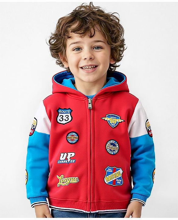 Babyhug Fleece Knit Full Sleeves Hooded Front Open Cut & Sew Designed Sweatjacket with  Text Print & Badge Detailing - Blue & Red