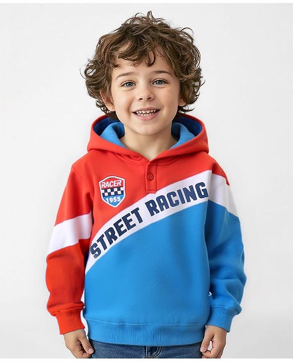 Babyug Cotton Knit Full Sleeves Hooded Sweatshirt with Cut & Sew Design & Text Print - Red