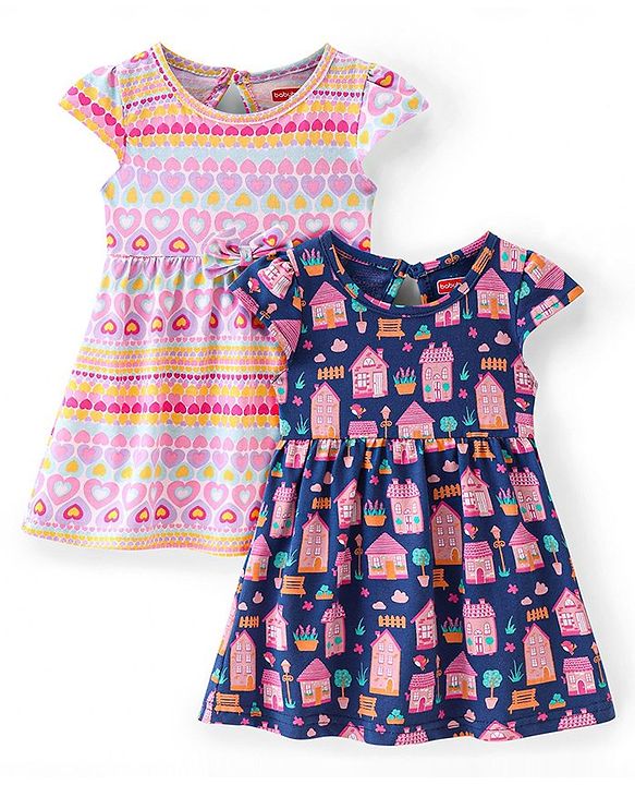 Babyhug Single Jersey Knit Half Sleeves Frocks With Hearts  Print Pack Of 2 - Multicolor