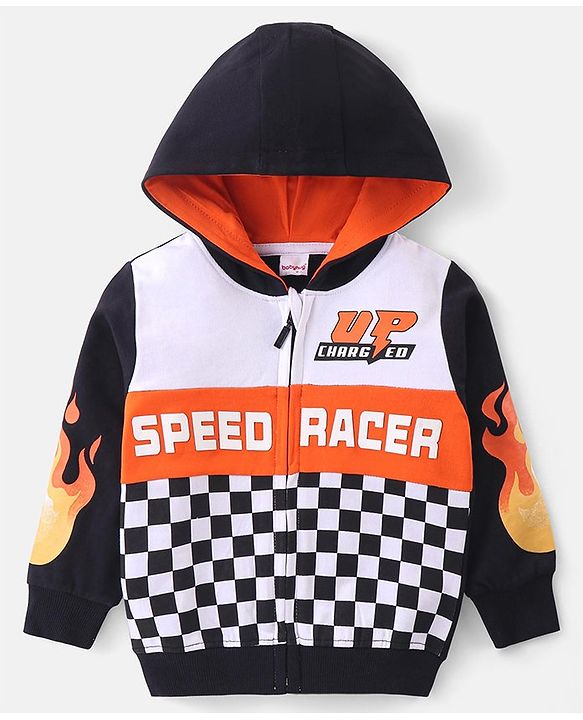Babyhug Cotton Knit Full Sleeves Hooded Sweatjacket with Race Theme Print - Multicolour