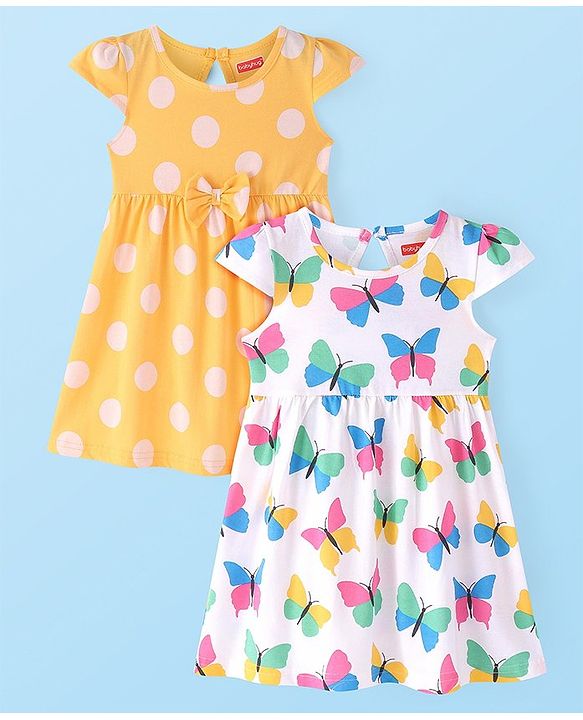 Babyhug Cotton Knit Cap Sleeves Frocks with Polka Dots & Butterfly Print Pack of 2 - Yellow & White
