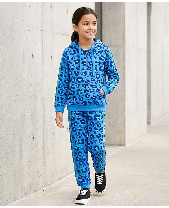 Pine Kids Cotton Knit Full Sleeves Hooded Sweatshirt & Joggers Set with  Print - Blue