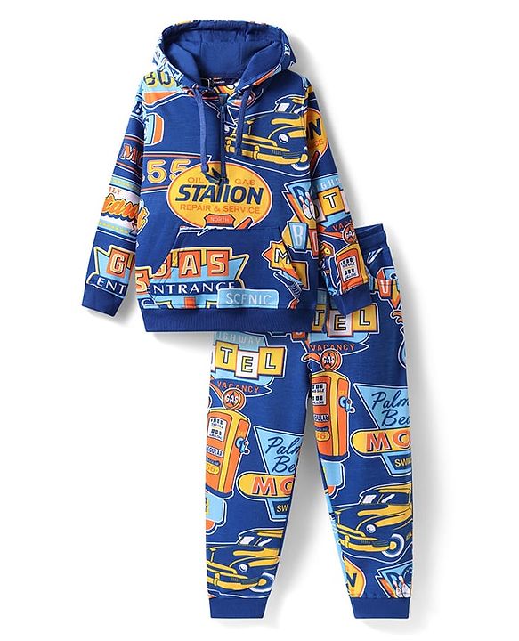 Pine Kids Cotton Knit Full Sleeves Text Printed Winter Wear Hooded Sweatshirt & Joggers Set with Kangaroo Pockets - Blue