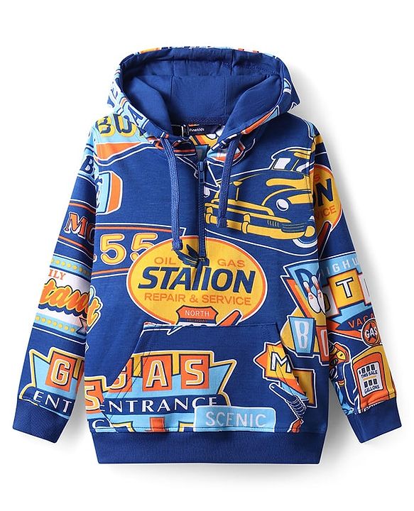 Pine Kids Cotton Knit Full Sleeves Text Printed Winter Wear Hooded Sweatshirt & Joggers Set with Kangaroo Pockets - Blue