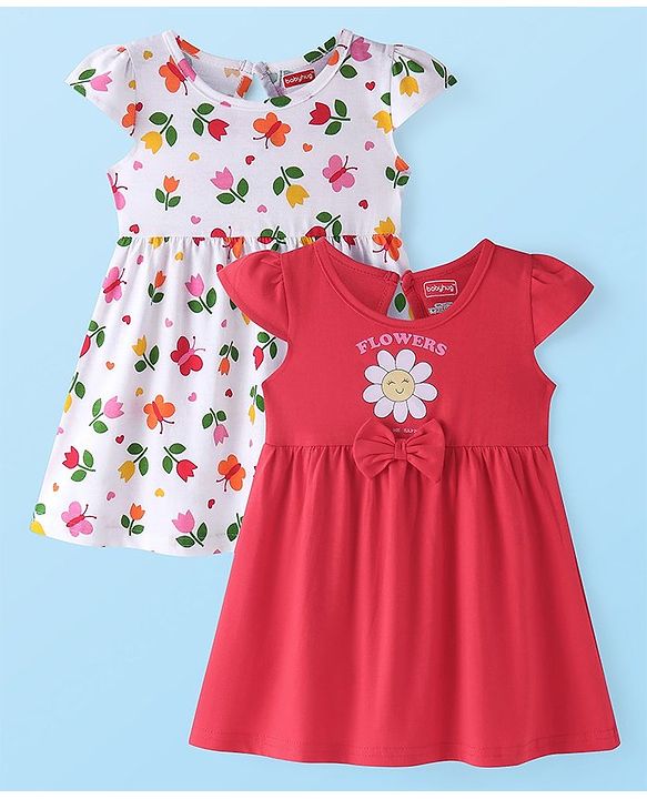 Babyhug Cotton Cap Sleeves Knee Length Frocks with Bow Floral & Butterfly Print Pack of 2 - White & Red