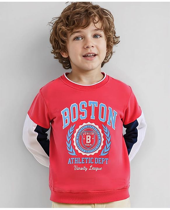 Babyhug Cotton Knit Full Sleeves Sweatshirt With Cut & Sew Design & Text Print - Red