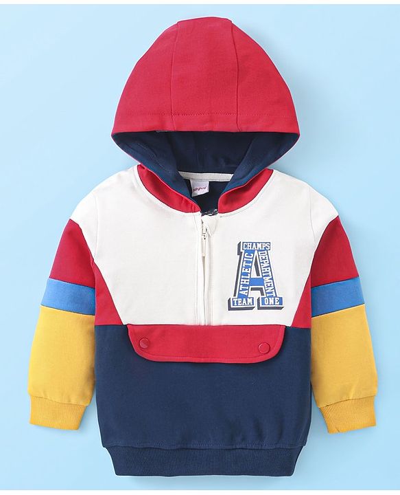 Babyhug Cotton Knit Full Sleeves Hooded Sweatshirt with Cut & Sew Design & Alphabet Print - Multicolour