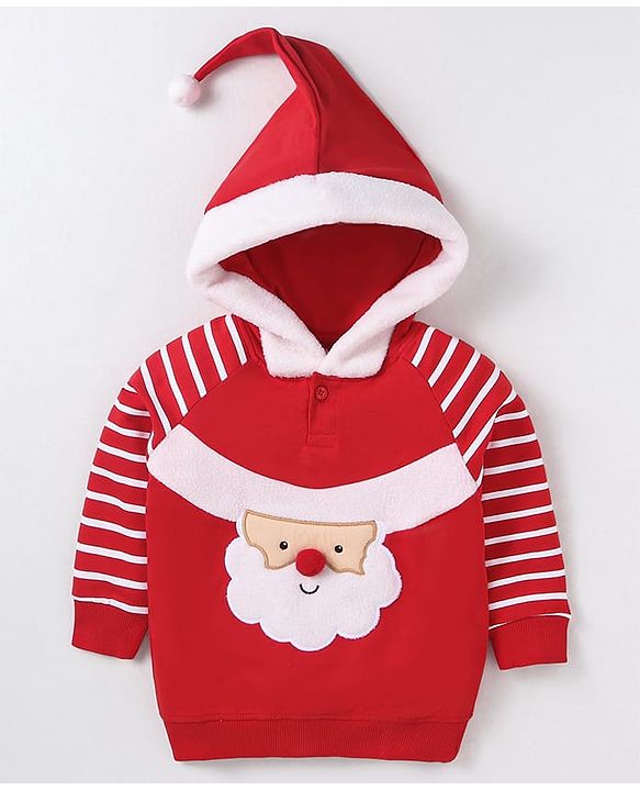 Babyhug Cotton Knit Full Raglan Sleeves Hooded Sweatshirt with Santa Design & 3D Applique - Red & White