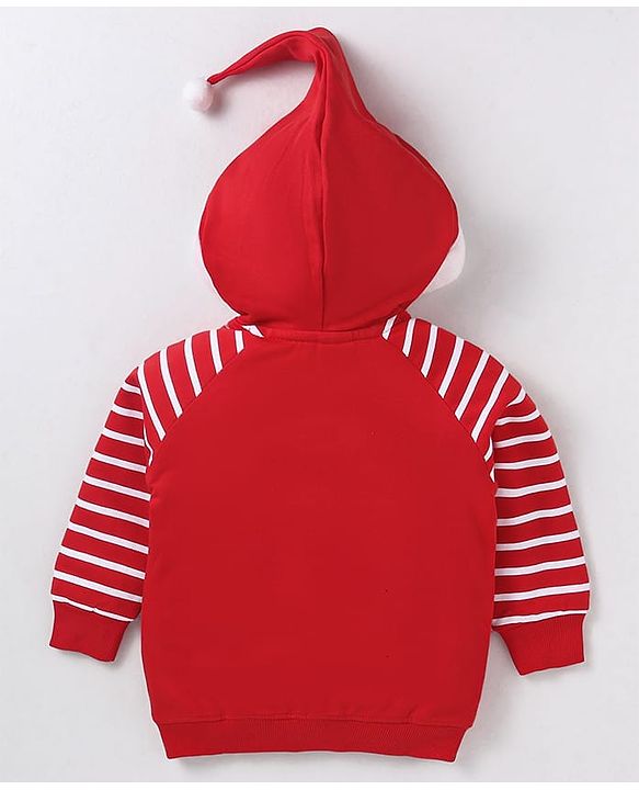 Babyhug Cotton Knit Full Raglan Sleeves Hooded Sweatshirt with Santa Design & 3D Applique - Red & White