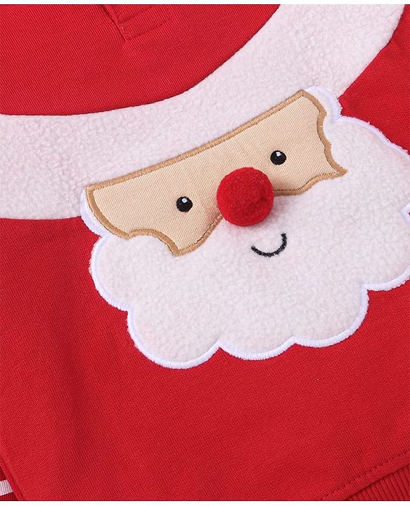 Babyhug Cotton Knit Full Raglan Sleeves Hooded Sweatshirt with Santa Design & 3D Applique - Red & White