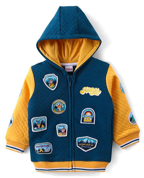 Babyhug Cotton Full Sleeves Hooded Jacket with Zipper Badges & Quilting Detailing - Navy & Yellow
