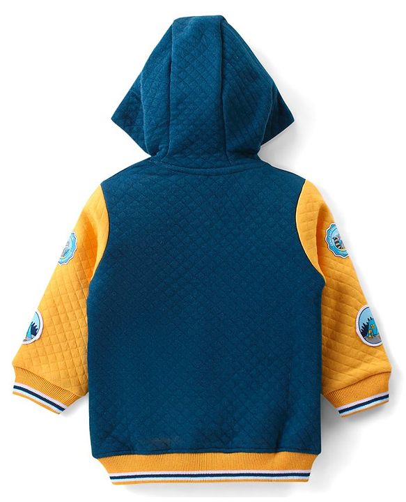 Babyhug Cotton Full Sleeves Hooded Jacket with Zipper Badges & Quilting Detailing - Navy & Yellow