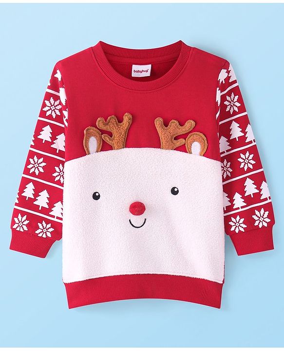 Babyhug Cotton Knit Full Sleeves Sweatshirt Christmas Theme Print & Applique - Red