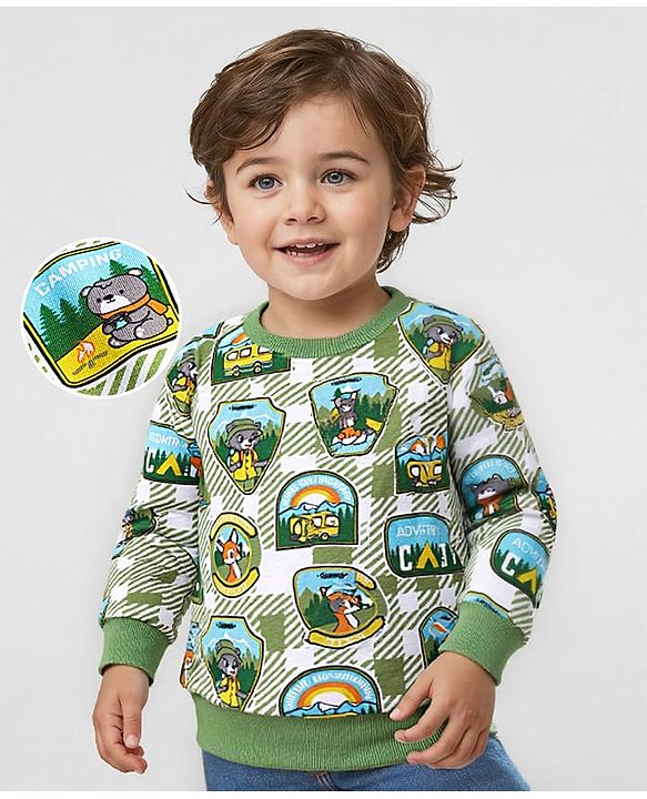Babyhug Cotton Knit Full Sleeves Sweatshirt with Animal Print  - Green & White