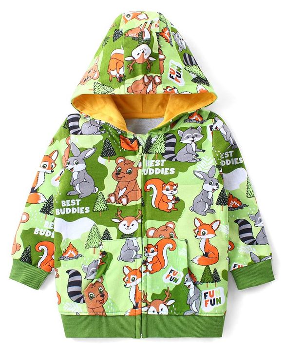 Babyhug Cotton Full Sleeves Hooded Front-open Sweatjacket With Zipper & All Over Animals Print - Green