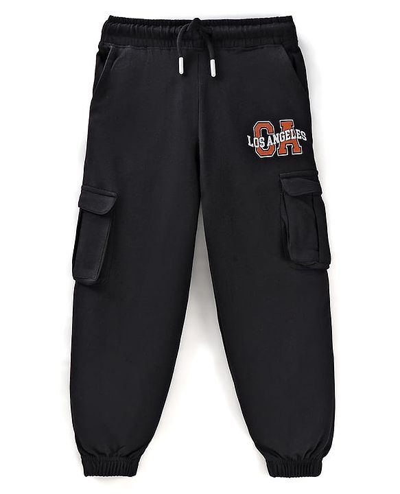 Pine Kids Cotton Knit Full Length Lounge Pant With Text Print - Black