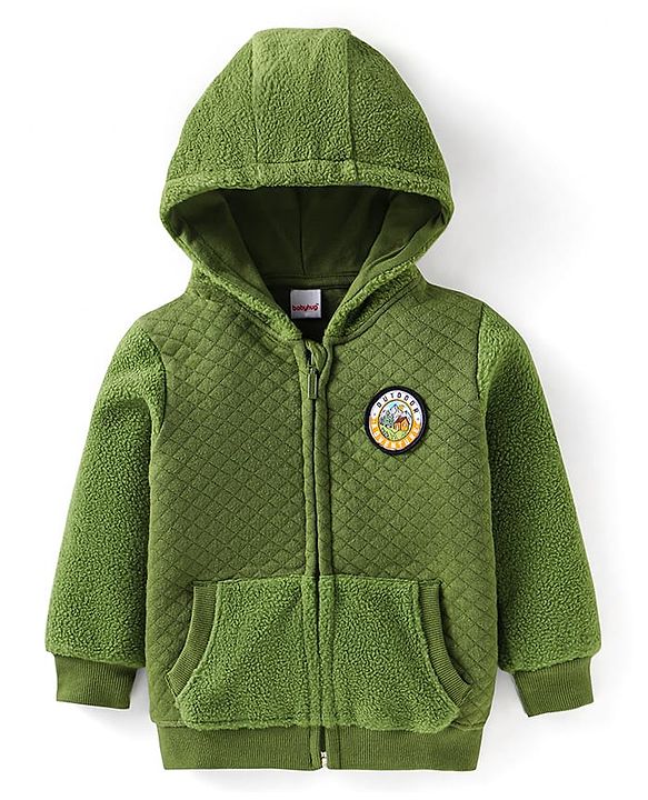 Babyhug Cotton Knit Full Sleeves Hooded Sweat Jacket With Text Badge & Kangaroo Pockets - Green