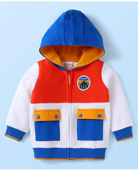 Babyhug Fleece Knit Full Sleeves Hooded Sweat Jacket With Colour Block Design & Text Patch - White